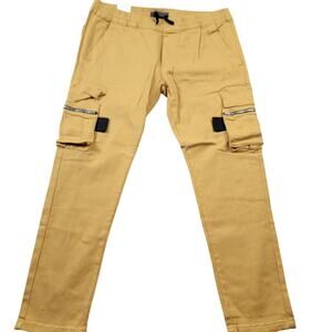 KDNK Mens Skinny Cargo Jogger Pants 3XL Mustard Zip Pockets Drawstring NWT